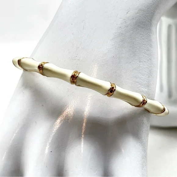 Stella & Dot, Gold And White Enamel Bamboo Design Bangle Bracelet - Picture 6 of 6